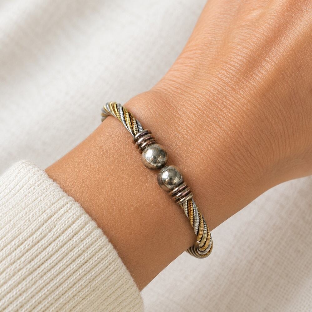 Two Tone Twisted Cable Cuff Bracelet Adjustable Statement Jewelry B179